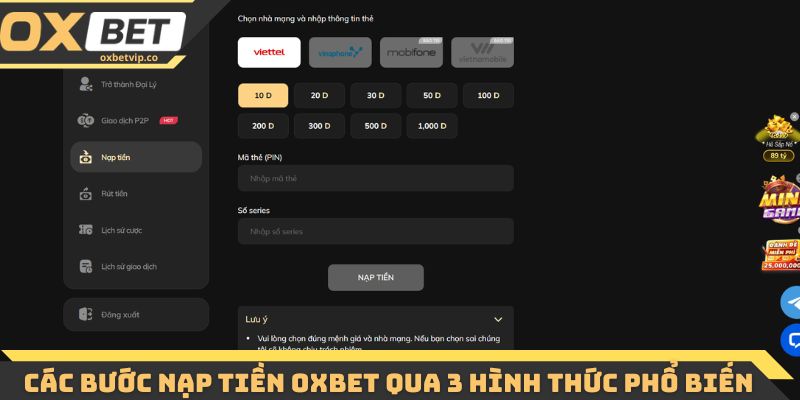 Các bước nạp tiền Oxbet qua 3 hình thức phổ biến