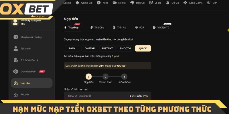 Hạn mức nạp tiền Oxbet theo từng phương thức